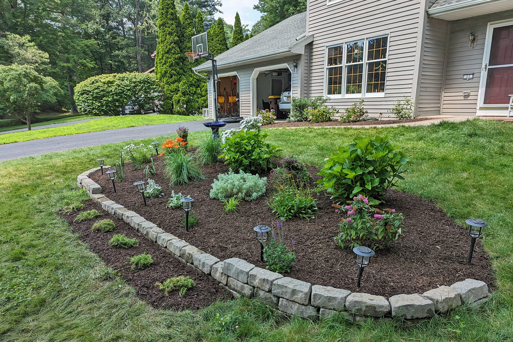 Thumbnail of after image of completed plant bed with mulch, stone, and newly planted trees