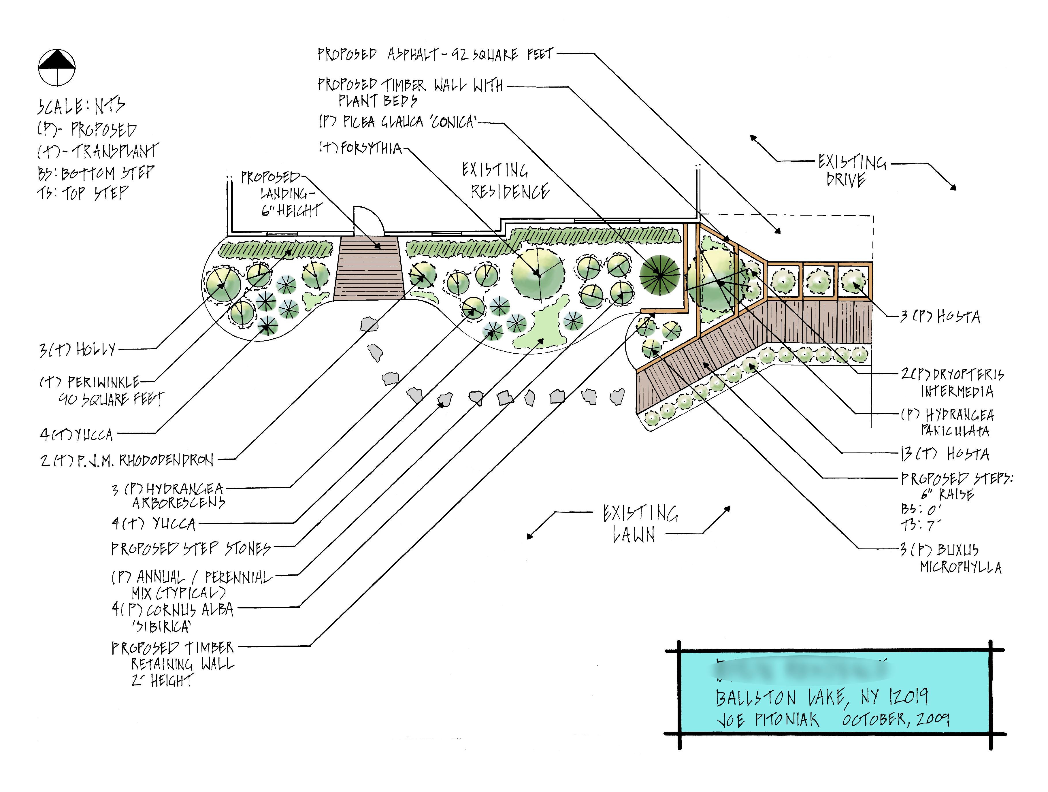 construction drawing detailing plants and wooden steps installation