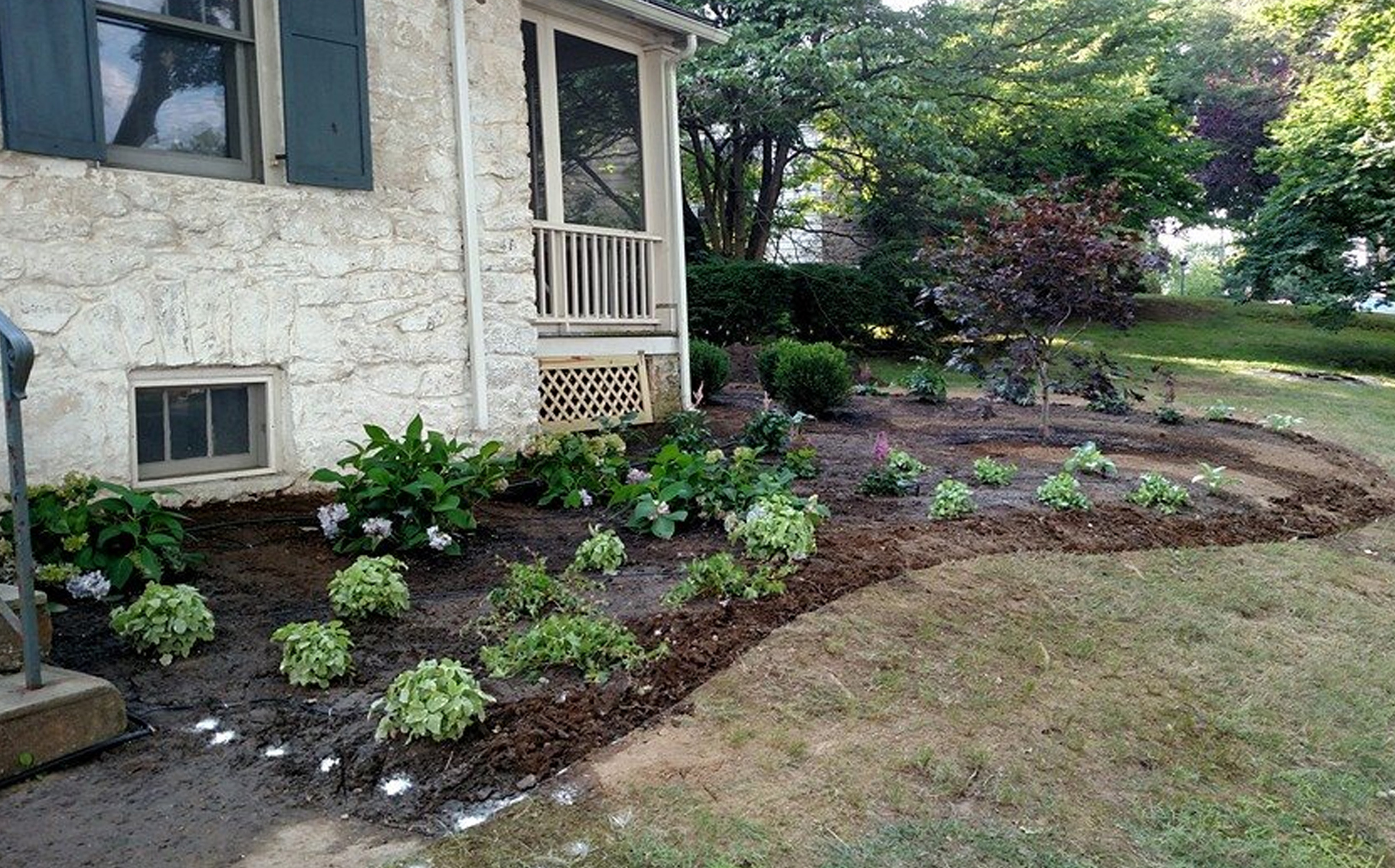 Image of completed plant bed, on the corner, without mulch and stone