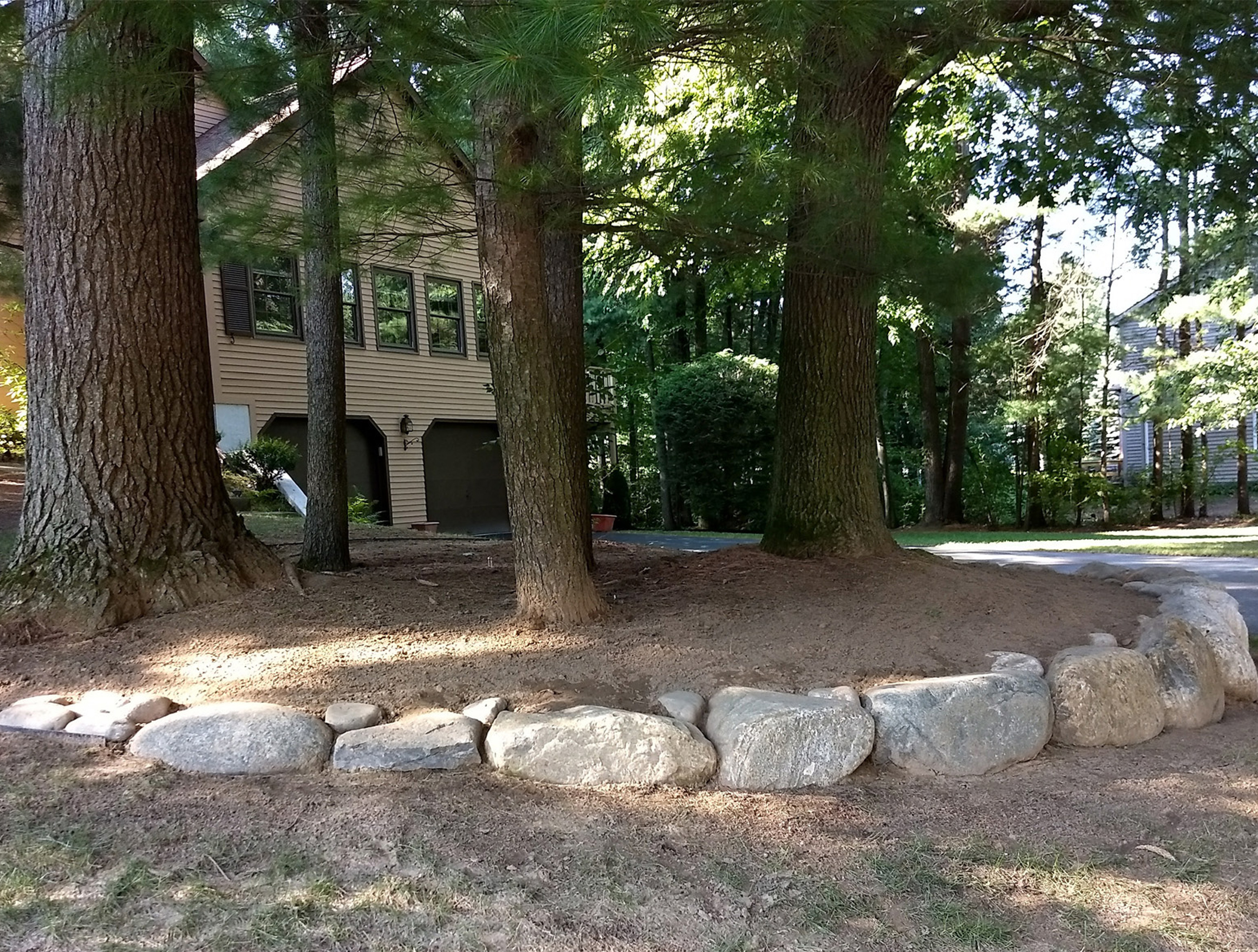 Thumbnail of the left side of the leveled area around the trees and the newly placed stone retaining wall and the house in the background