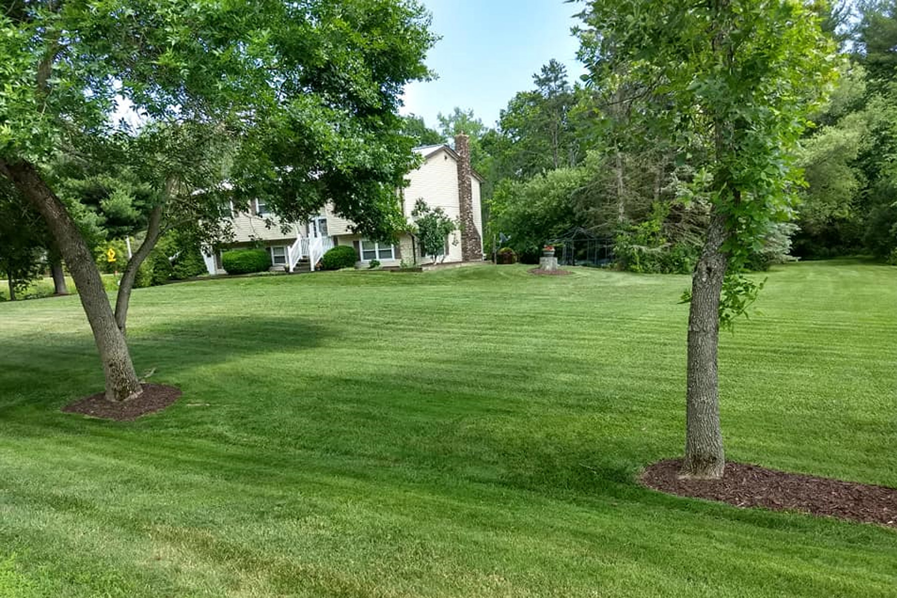 Thumbmnail image of a freshly mowed lawn with three weeded mulch beds around trees