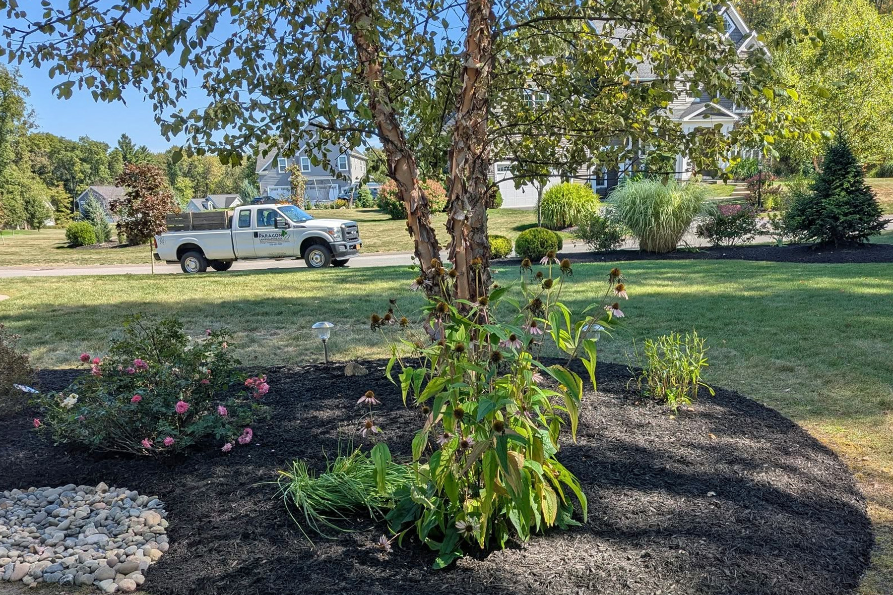 After photo of a large plant bed and mulch